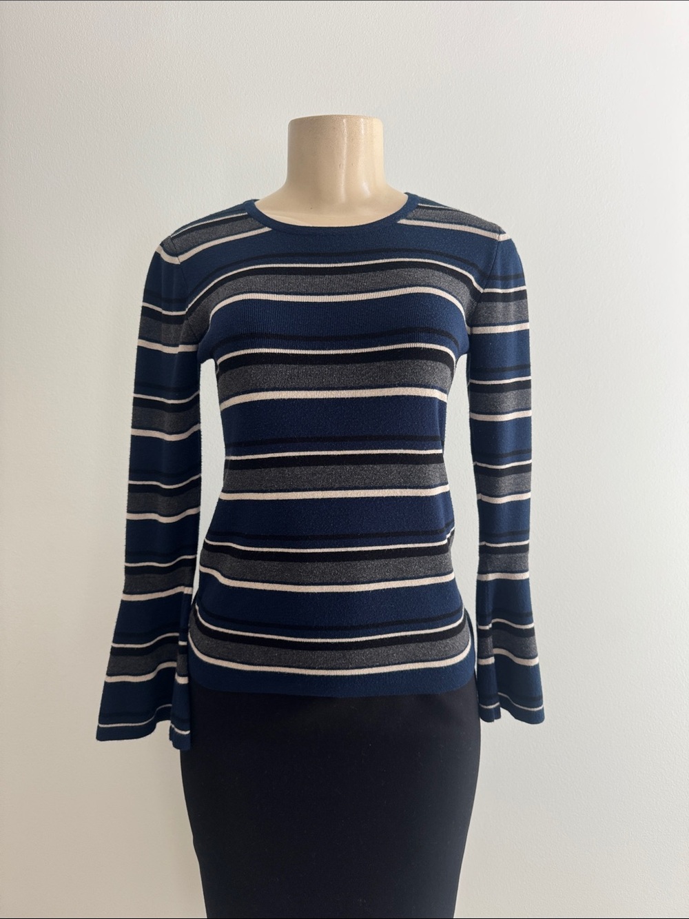 Max Studio Navy, Gray and White Striped Long-Sleeve Top